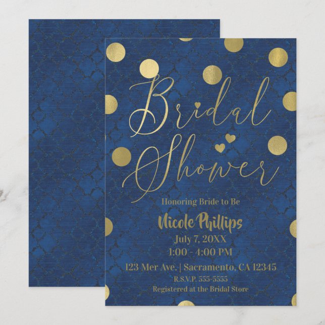 Blue & Gold Modern Chic Glam Brautparty Einladung (Vorne/Hinten)