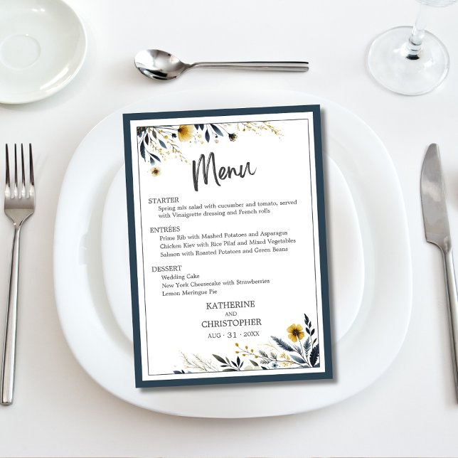 Blue Gold Modern Elegant Floral Mariage Menu (Blue Gold Floral Elegant Wedding Menu with entree and dessert options.)
