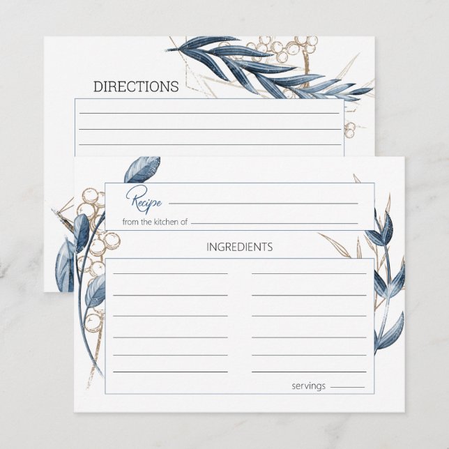 Blue Gold Modern Floral Wedding Card Mitteilungskarte (Vorne/Hinten)