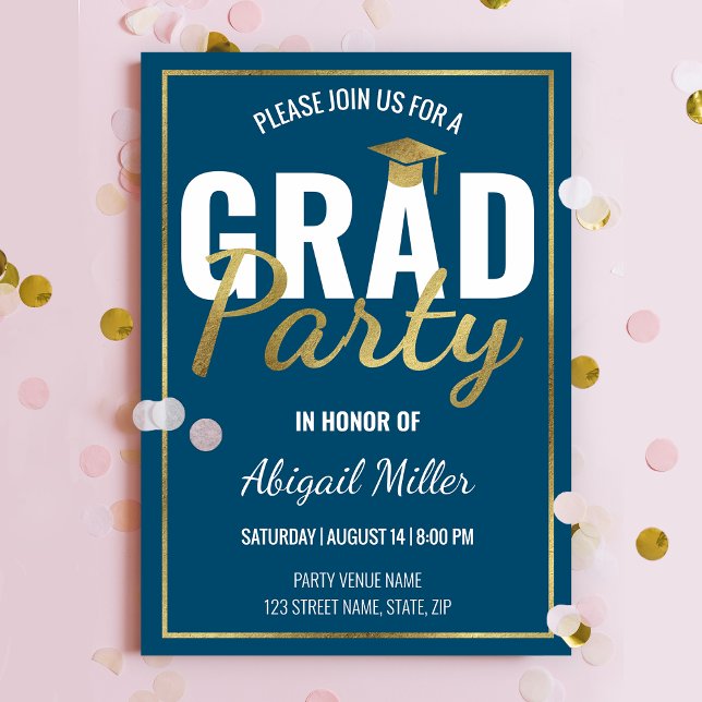 Blue & Gold Modern Script Graduation Party Einladung (Von Creator hochgeladen)