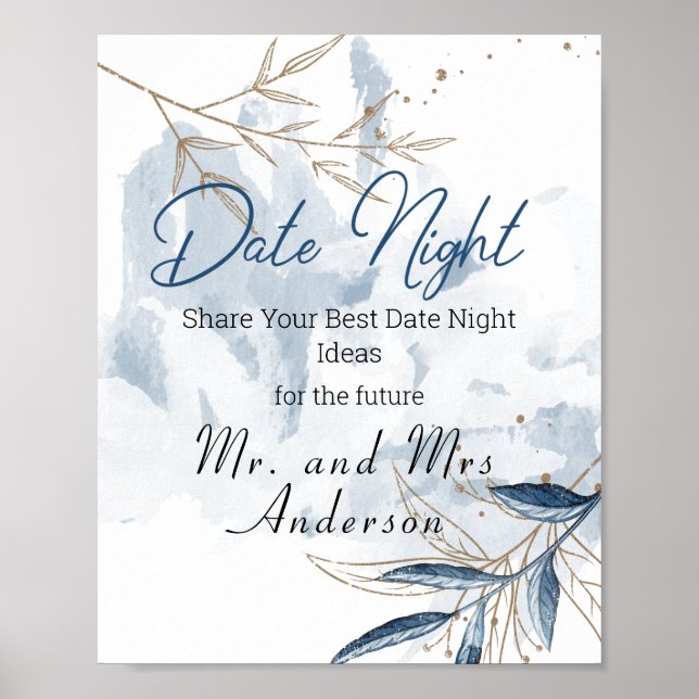 Blue Gold Moderne Blumen Elegante Poster (Vorne)