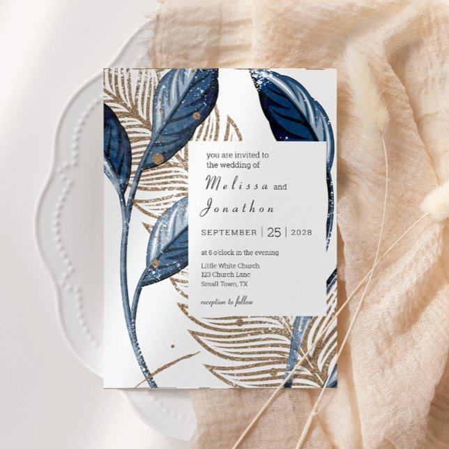Blue Gold Moderne florale Elegante Hochzeit Einladung (Von Creator hochgeladen)