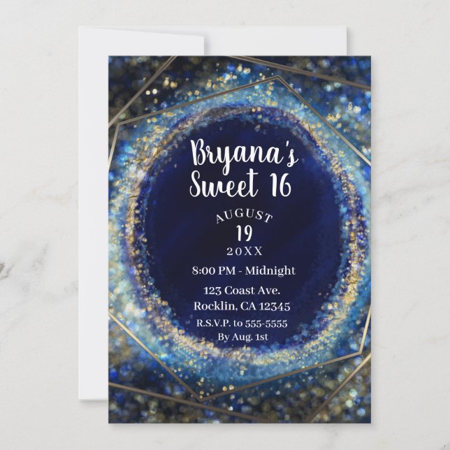 Blue & Gold Modernes Abstrakt Glam Sweet 16 Party Einladung (Vorderseite)