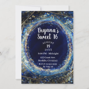 Blue & Gold Modernes Abstrakt Glam Sweet 16 Party Einladung