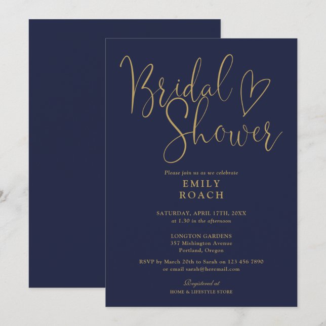 Blue Gold Modernes, elegantes Script-Brautparty Einladung (Vorne/Hinten)