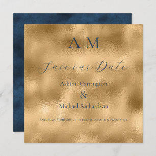 Blue Gold Monogram Modern Wedding Save The Date