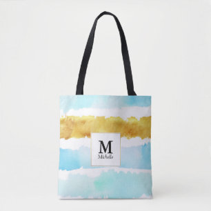 Blue & Gold Monogram Strip Tote Bag Tasche
