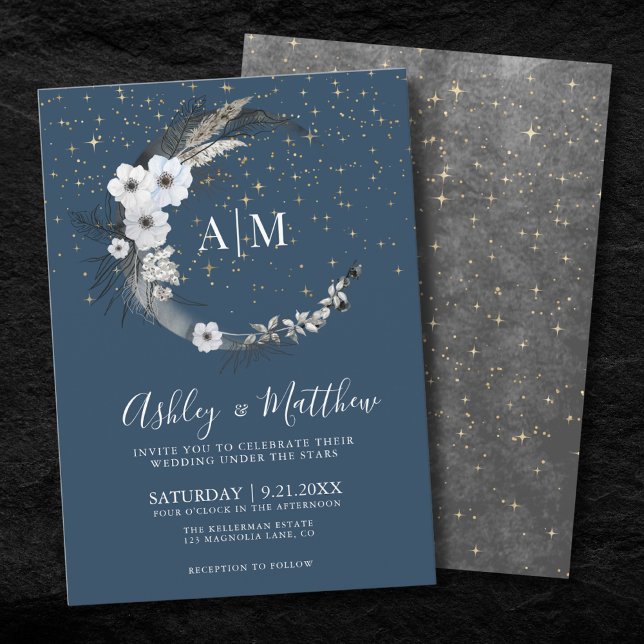 Blue Gold Moon Celestial Wedding Einladung (Blue Gold Moon Celestial Wedding Invitation)