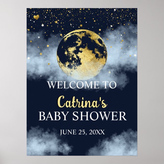 Blue Gold Moon & Stars Baby Dusche Begrüßungszeich Poster (Vorne)