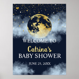 Blue Gold Moon & Stars Baby shower Affiche de bien