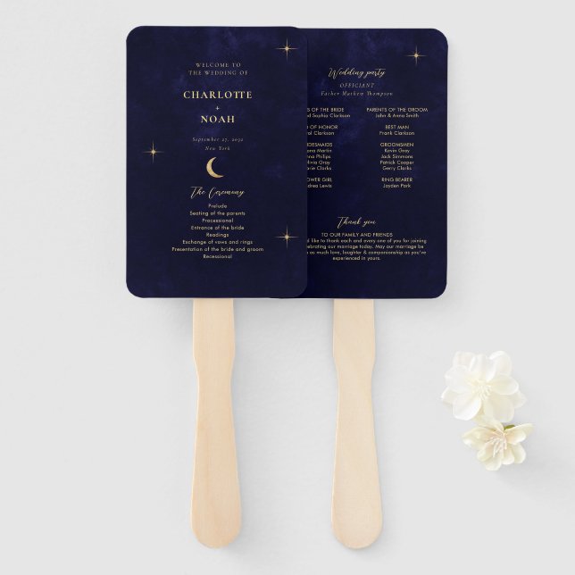 Blue Gold Moon Stars Hochzeitsprogramm für Midnigh Fächer (Vorne und Hinten)