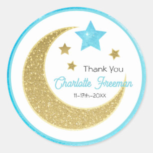 Blue & Gold Moon Stars Kinderdusche Danke Runder Aufkleber