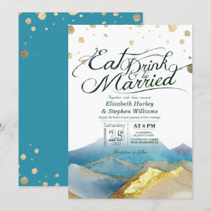 Blue Gold Mountains EAT Drink & Be Married Hochzei Einladung