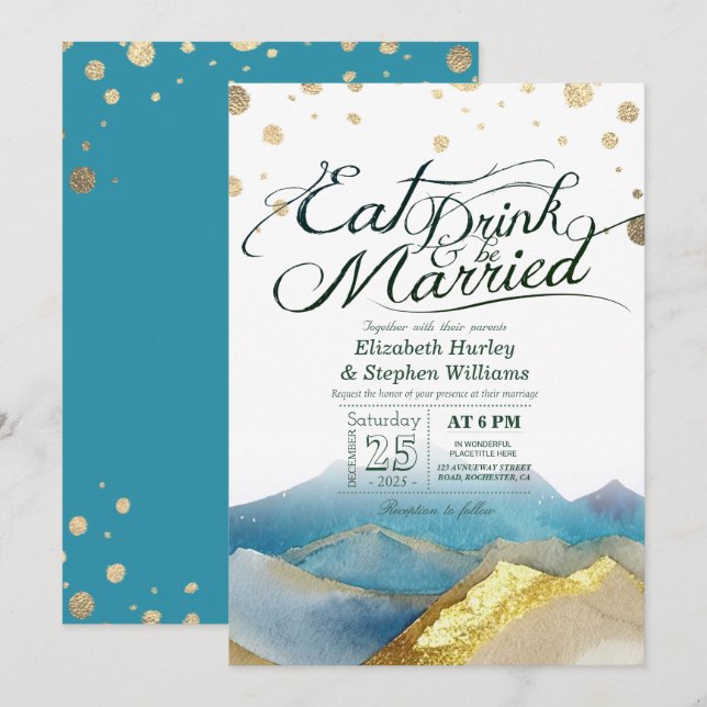 Blue Gold Mountains essen Drink & Sei Verheiratet  Einladung (Vorne/Hinten)