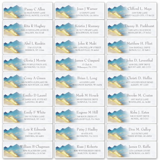 Blue Gold Mountains Wedding Guest Address Sticker (Vorderseite)