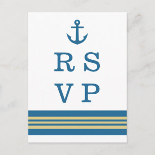 Blue Gold Nautic Anchor Wedding RSVP Postcard Einladungspostkarte