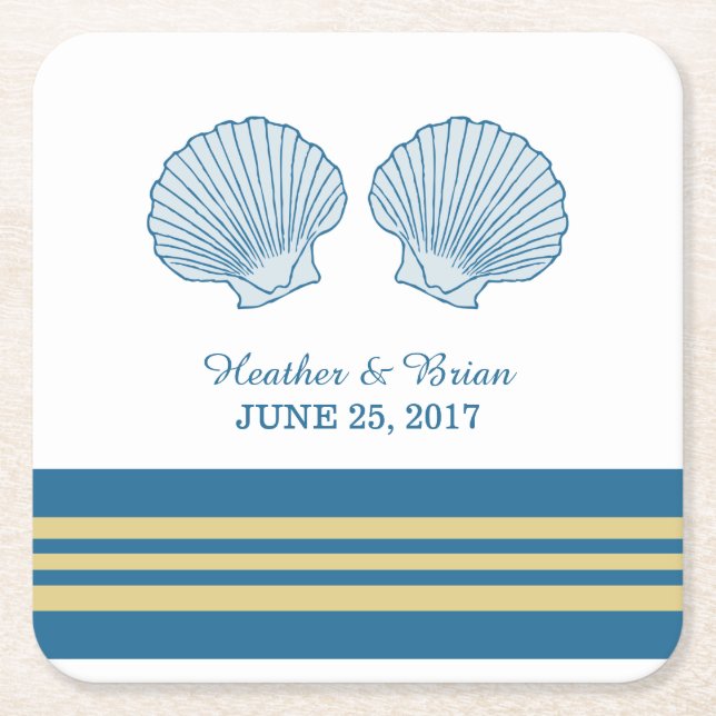 Blue Gold Nautic Seashells Paper Untersetzer (Vorderseite)
