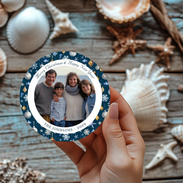 Blue & Gold Nautic Snowflakes Weihnachts-Foto Runder Aufkleber (Blue & Gold Nautical Snowflakes Christmas Photo Classic Round Sticker)