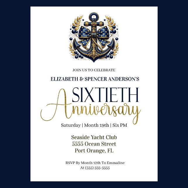 Blue Gold Nautical Anchor 60th Wedding Anniversary Einladung (Navy and gold nautical anchor 60th wedding invitation for girl seaside yacht club theme)