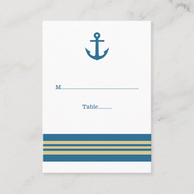 Blue Gold Nautical Anchor Hochzeiten Platzkarten (Vorderseite)