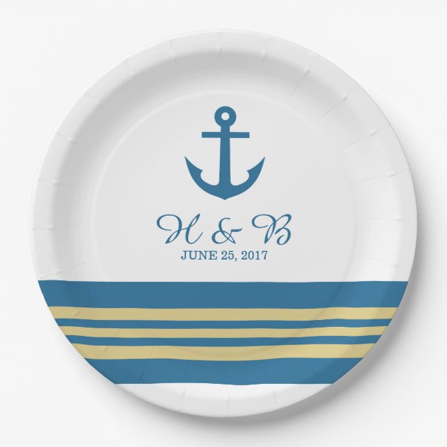 Blue Gold Nautical Anchor Hochzeitspapier-Teller Pappteller (Vorderseite)