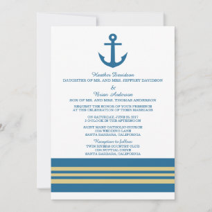 Blue Gold Nautical Anchor Wedding Einladung