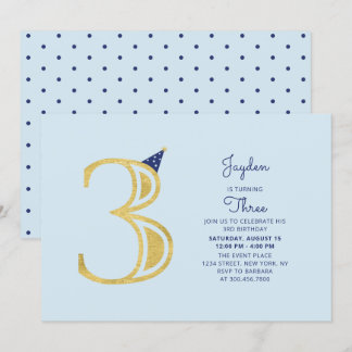 Blue & Gold | Niedlich Modern Boy 3. Geburtstag Pa Einladung