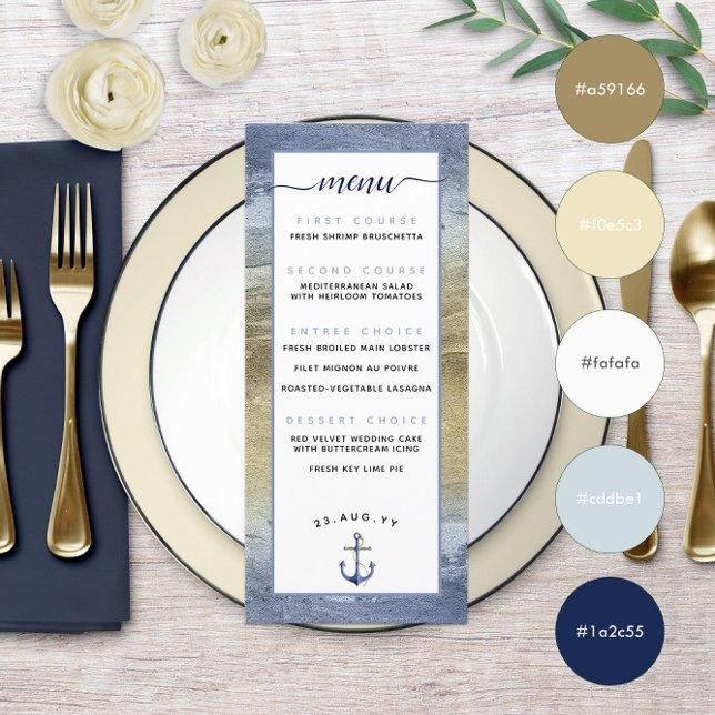 Blue & Gold ⚓️ oder Nautical Wedding Menükarte (Blue & Gold ⚓️ Event or Nautical Wedding Menu with Color Swatches
)