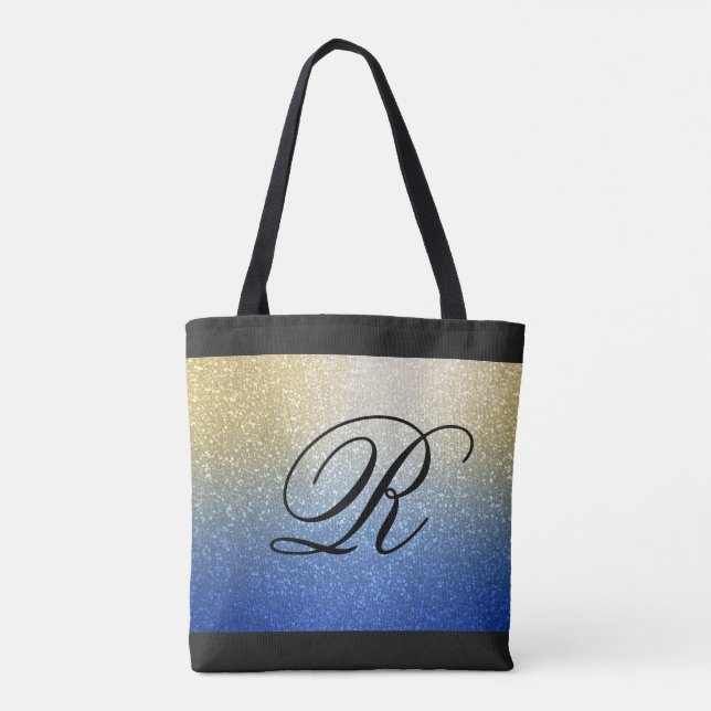 Blue Gold Ombre Glitzer Design mit Monogram Tasche (Rückseite)