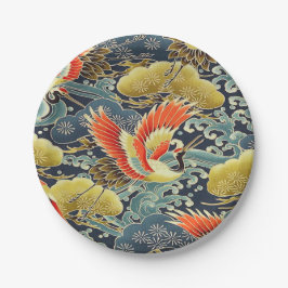 Blue Gold Orange Japanischer Kimono Vogelkran Pappteller