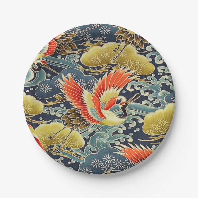 Blue Gold Orange Japanischer Kimono Vogelkran Pappteller (Vorderseite)