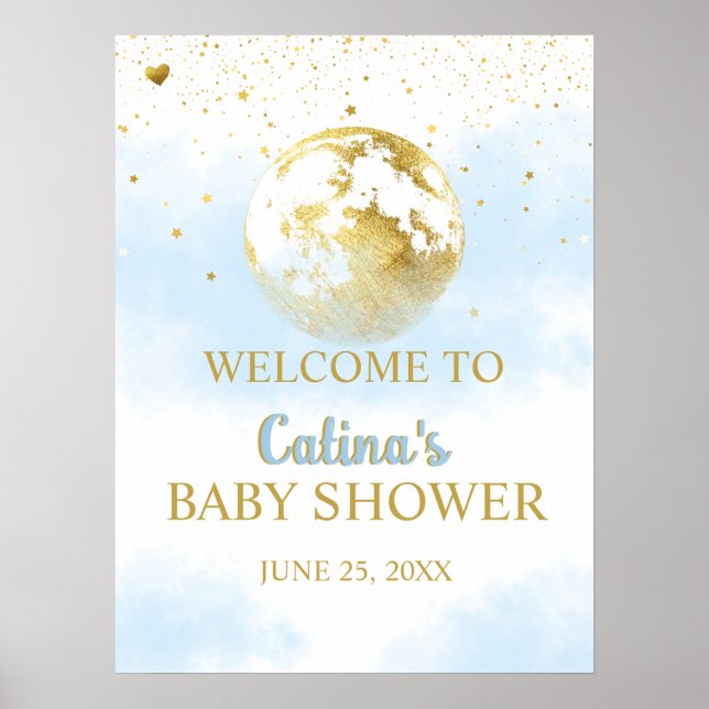 Blue Gold Over Moon Baby Dusche Begrüßungszeichen Poster (Vorne)