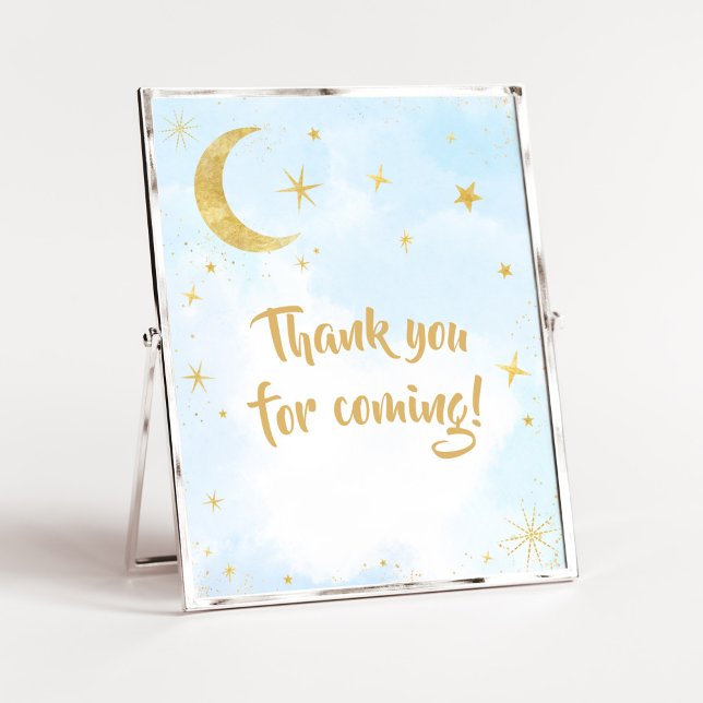Blue Gold Over the Moon Baby Danke, dass du gekomm Poster (Moon and Stars Baby Shower Thank you for Coming Sign)