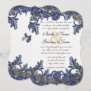 Blue & Gold Paisley Mariage damassé Invitation