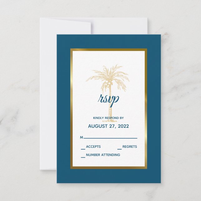 Blue Gold Palm Tree Beach Hochzeit des tropischen  RSVP Karte (Vorderseite)