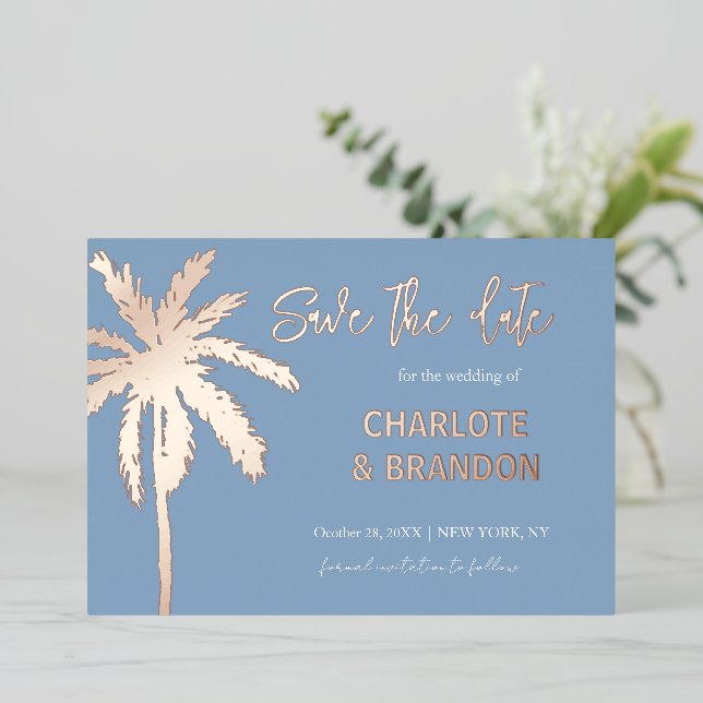 Blue Gold Palm Tree Beach Hochzeit Save the Date Folieneinladung (Stehend vorne)