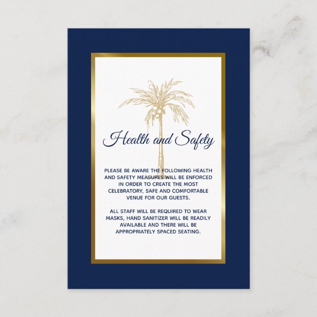 Blue Gold Palm Tree Hochzeit Gesundheit und Sicher Begleitkarte (Vorderseite)