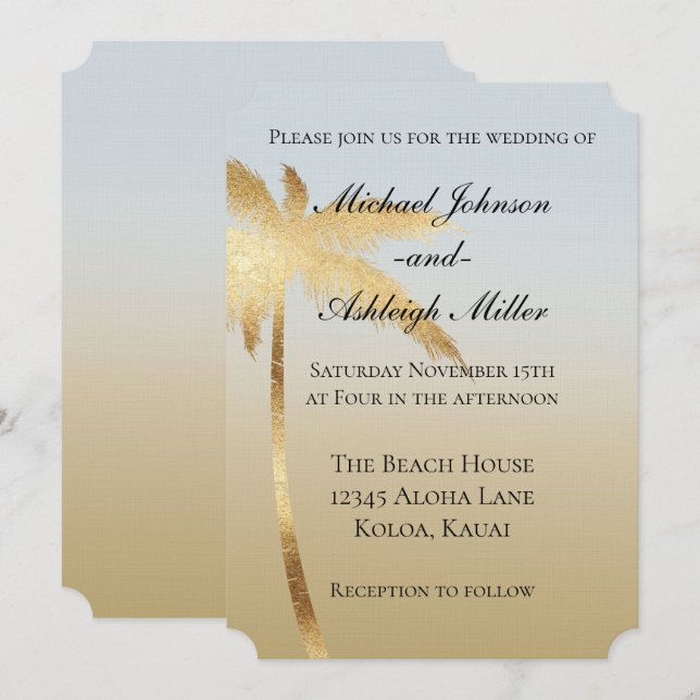 Blue Gold Palm Tree Ombre Wedding Einladung (Vorne/Hinten)