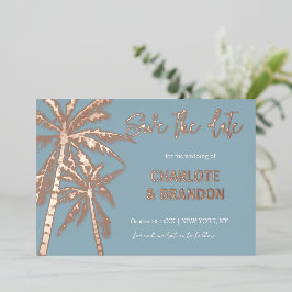 Blue Gold Palm Trees Beach Hochzeit Save the Date Folieneinladung