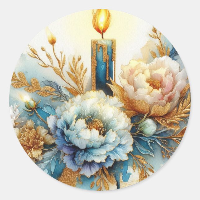 Blue gold pastel candle peonies watercolor glitter runder aufkleber (Vorderseite)