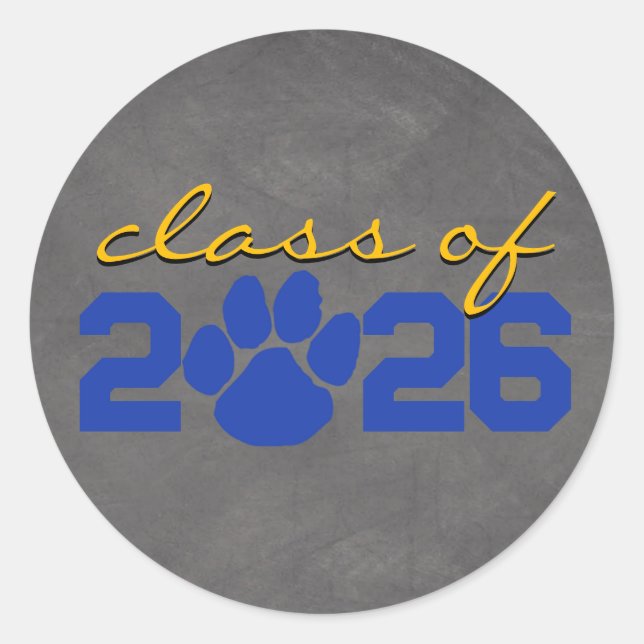 Blue & Gold Pawprint Light Chalkboard Abschluss Runder Aufkleber (Vorderseite)