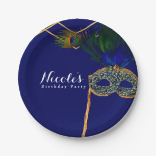 Blue & Gold Peacock Masquerade Custom Party Pappteller