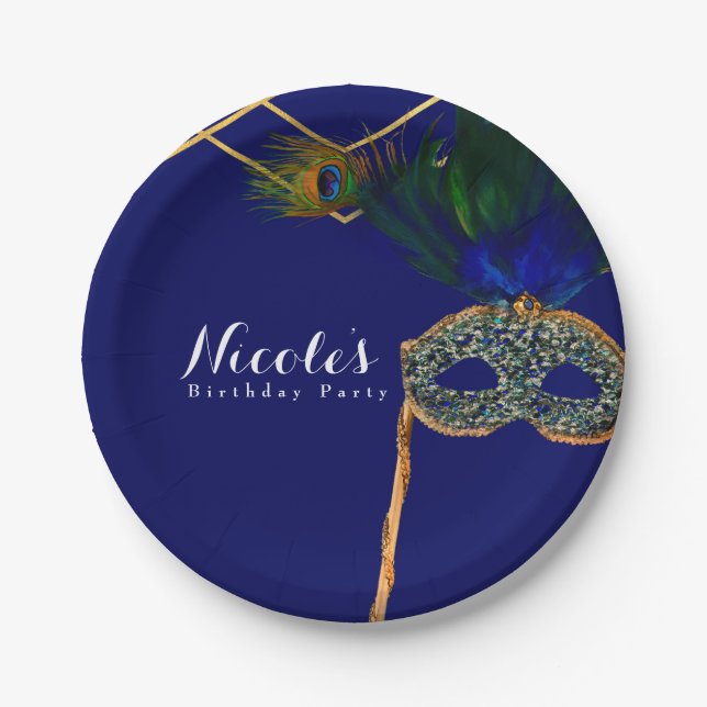 Blue & Gold Peacock Masquerade Custom Party Pappteller (Vorderseite)