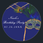 Blue & Gold Peacock Masquerade Party Custom Gevor Runder Aufkleber<br><div class="desc">Blue & Gold Pfauenmasquerade Party Custom Gunst Sticker. Anpassen mit jedem gewollt Text.</div>