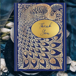 Blue Gold Pfau Jugendstil Hochzeit Dankeskarte