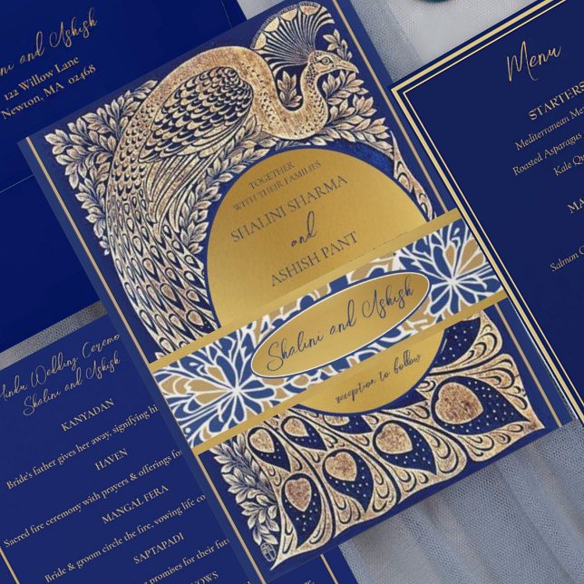 Blue Gold Pfau Jugendstil Hochzeit Einladungsbanderole (Von Creator hochgeladen)