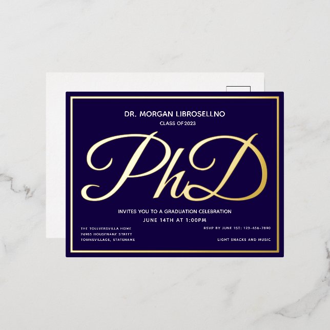 Blue Gold PhD-Abschluss Folie Einladungspostkarte (Vorderseite/Rückseite)