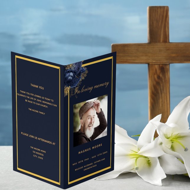 Blue gold photo elegant floral funeral program (Von Creator hochgeladen)