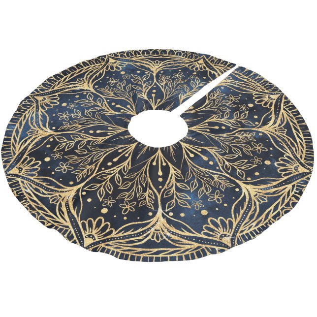 Blue Gold Poinsettia Blume Mandala Polyester Weihnachtsbaumdecke (Schrägansicht)