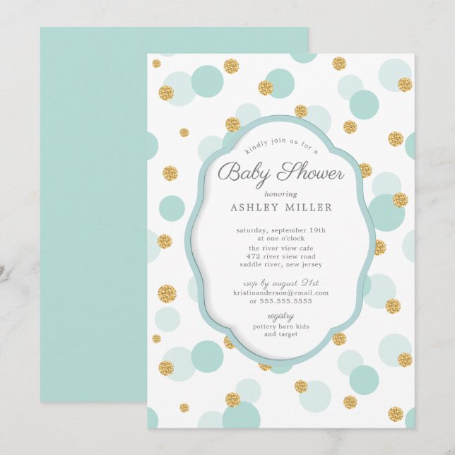 Blue & Gold Polka Dots Boys Baby Dusche Einladung (Vorne/Hinten)